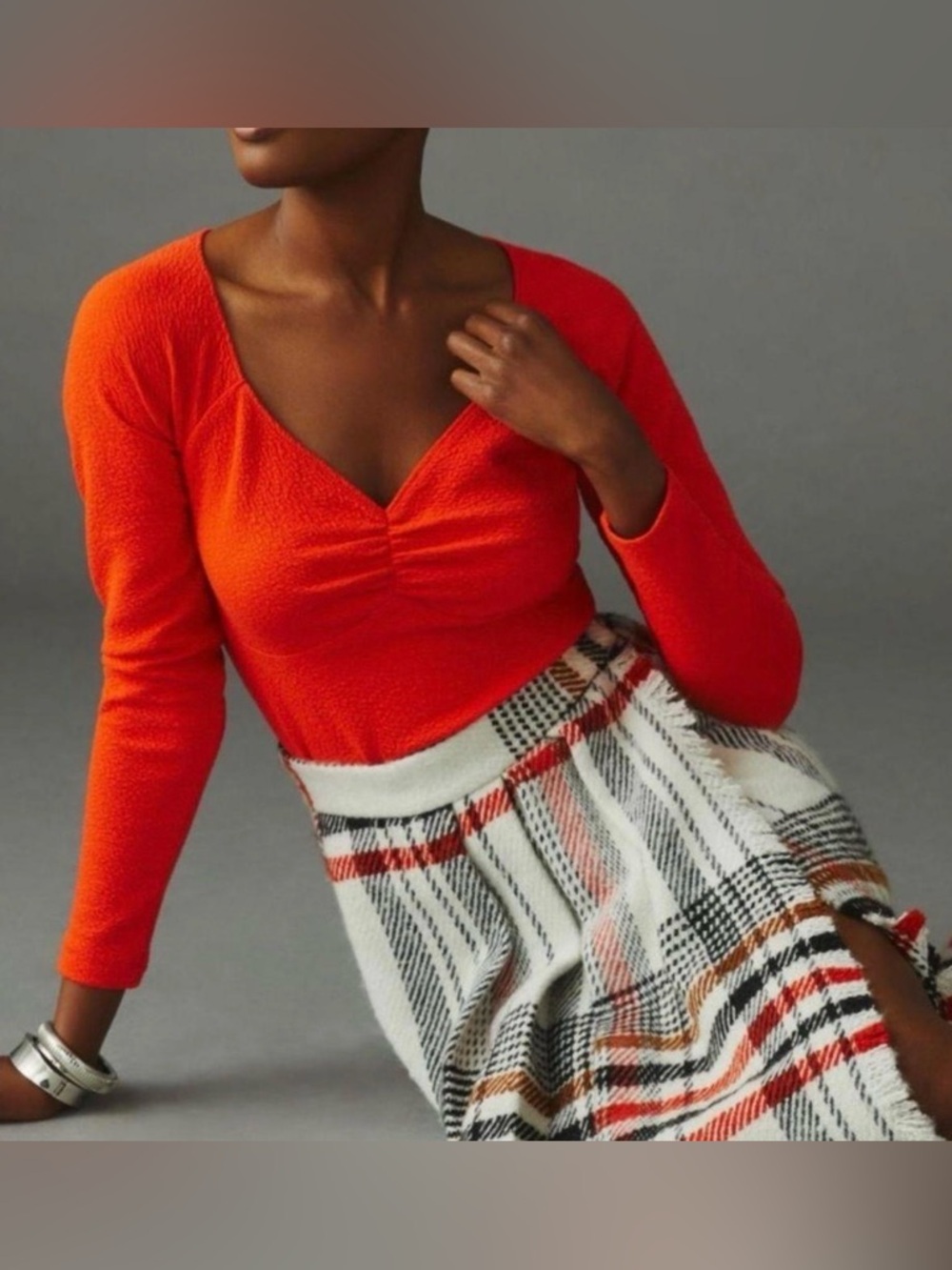 Maeve Anthropologie Red-Orange Textured Long Sleeve Top Size Medium V-Neck